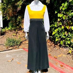 1970s Union Made Lemon Yellow Black Polkadot Maxi Dress